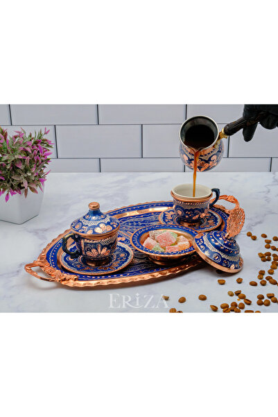 ERİZA 6 Kişilik Işlemeli Bakır Fincan Seti, Takımı ( Tepsi Lokumluk 6 Adet Fincan 6 Kişilik Cezve )