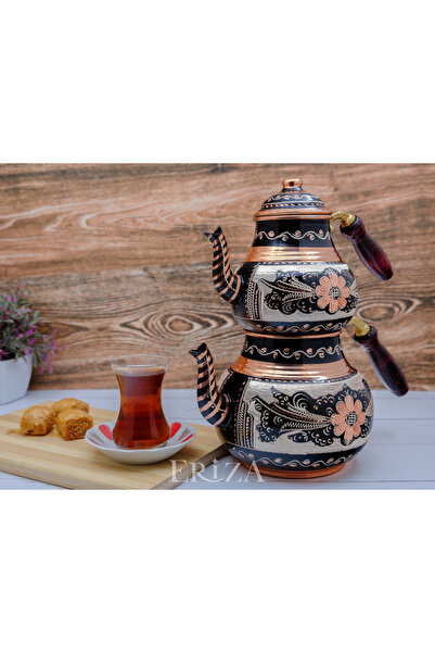 ERİZA 2,85 Litre Işlemeli Ikili Kalaylı Kalın Bakır Çaydanlık, Demlik Seti, T...