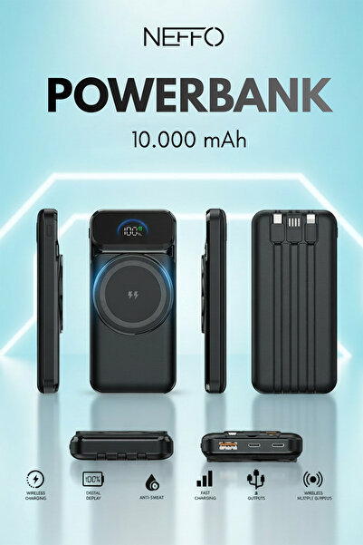 NEFFO 10000mAh MagSafe 15W Kablosuz ve 22.5W Hızlı Kablolu Şarj Destekli Manyetik Powerbank – LCD Ekranlı
