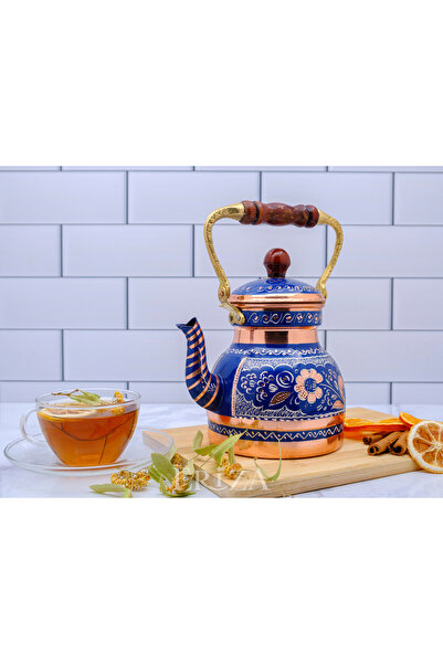 ERİZA 1.3 Liter Hand Embroidered Nostalgic Single Pewter Copper Teapot, Teapot, Kettle