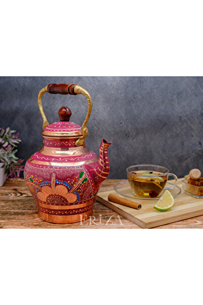 ERİZA 1.9 Liter Hand Embroidered Nostalgic Single Pewter Copper Teapot, Teapo...