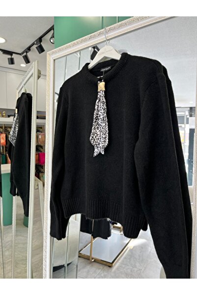 MRM MERAM BUTİK Afi̇tap Scarf Knitwear Sweater (Size 36-42 Compatible) - Black - Standard