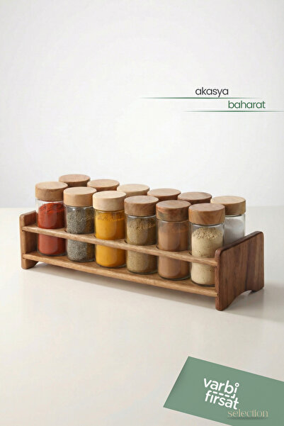 Varbifırsat 12-Piece Acacia Lid Glass Spice Jar Set - Stand