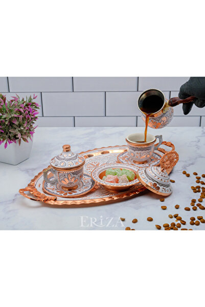 ERİZA طقم فناجين نحاس مطرز لشخصين، طقم (2 فناجين قهوة لشخصين)