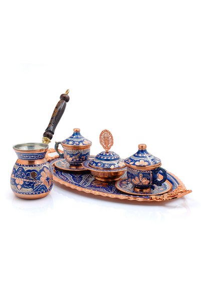 ERİZA 6-Person Embroidered Copper Cup Set, Set (Tray Turkish Delight Bowl, 6 Cups, 6-Person Coffee Pot)