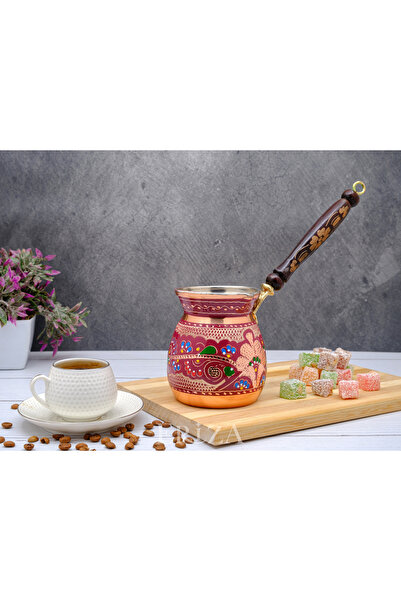ERİZA Handmade Embroidered Pewter Thick Copper Coffee Pot for 6-7 People