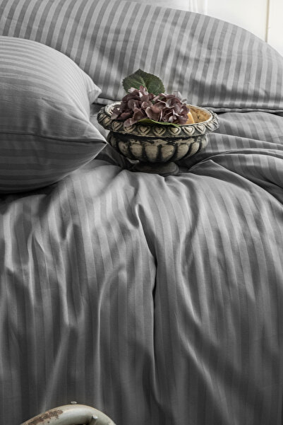 True Home Collection Διπλό Ριγέ Σατέν Σετ παπλωματοθήκης Ανθρακί |   Άνετο Ύφ...