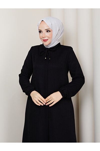 Efelif حجاب أسود برباط علوي شتوي بسحاب للنساء من الشنيل - Sevda Ferace Mf-6002