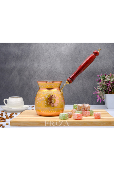 ERİZA Handmade Embroidered Pewter Thick Copper Coffee Pot for 4-5 People