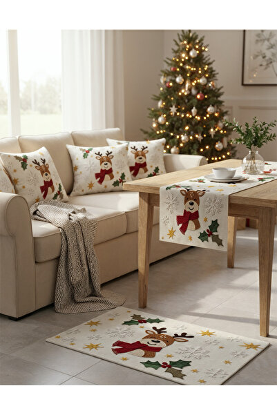Artvibe Yılbaşı Dekorasyonu 6 Parça Geyikli Kadife Set – 4 Kırlent, Runner ve Kaymaz Paspas
