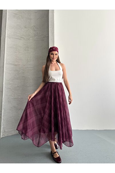 DUAS & CO Plaid Patterned Asymmetric Chiffon Skirt