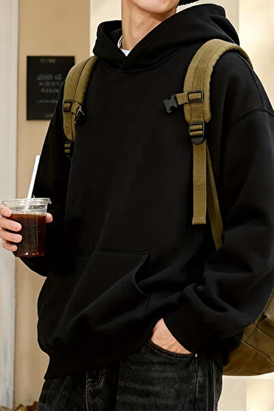 THE RULE Erkek Oversize Bol Kesim Pamuklu 3 İplik Şardonlu Yumuşak Dokulu Basic Siyah Kapüşonlu Sweatshirt