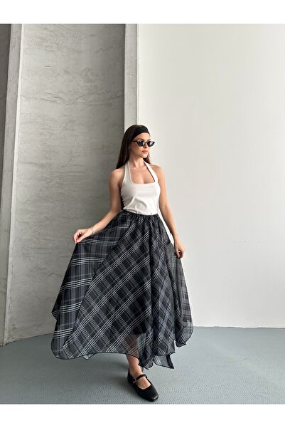 DUAS & CO Fusta asimetrică din șifon cu model în carouri