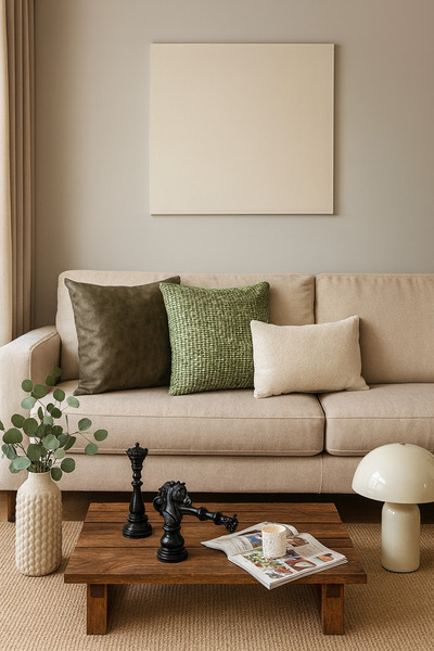 MEFAKS TEKSTİL 3’lü Karışık Dokulu Kırlent Seti – Yeşil Dokuma, Krem ve Deri ...