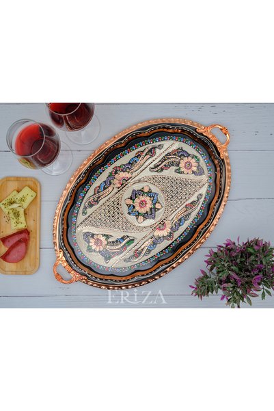 ERİZA 23x34 Cm Oval, Embroidered, Brass Handle Thick Copper Tea and Coffee Presentation, Serving Tray
