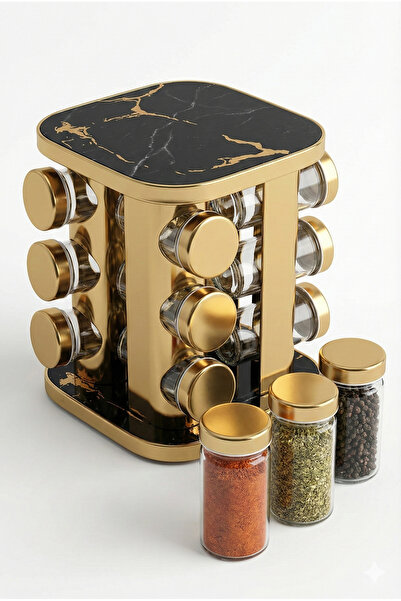 RİVO HOME DECOR طقم توابل دوار بنمط رخامي مكون من 12 قطعة مع حامل