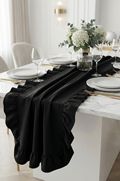 Morlay Runner de in natural negru cu volane - 40x150 cm