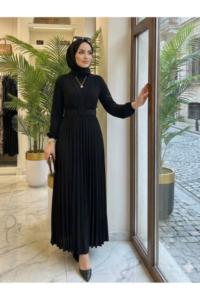 modamira Kadın Sandy Siyah Önü Kruvaze Detaylı Eteği Piliseli Kemerli Boydan Tesettür Elbise
