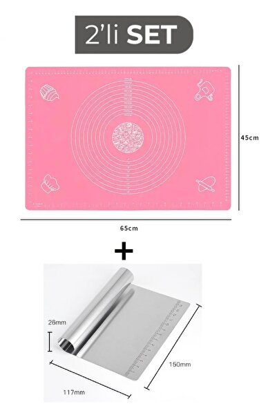 ZUZU MADE Pembe Büyük Boy Silikon Hamur Açma Matı 45 Cm X 65 Cm ve Ölçülü Çel...
