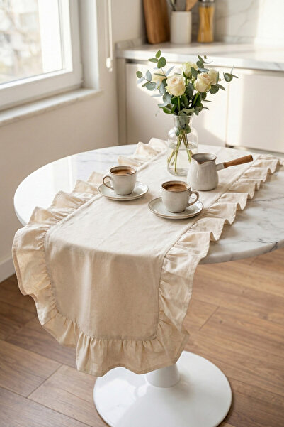 Morlay Ham Naturel Fırfırlı Keten Runner - 40x110 cm