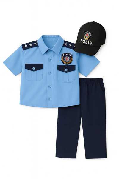 Lizsa Unisex Kısa Kollu Mavi Türk Polis Kostümü Çocuk Kıyafeti