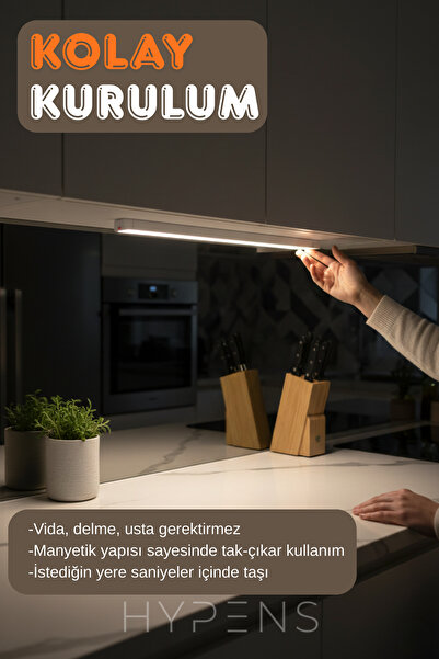 HYPENS 30-CM Hareket Sensörlü 3 Renk Ayarlı 2 Modlu Taşınabilir Şarjlı Dolap ...