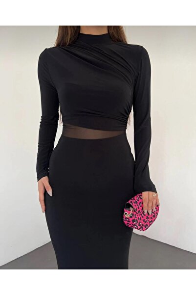 Nils Kids Butik Yüksek Yakalı Uzun Kollu Siyah Zarif Bodycon Elbise