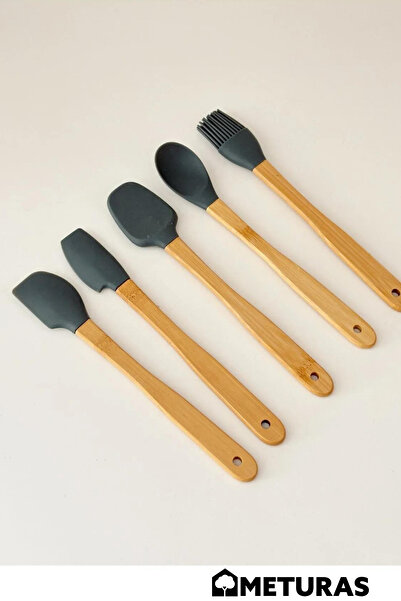 Meturas مجموعة رمادية مكونة من 5 قطع - ملاعق سيليكون من الخيزران للمطبخ، ملعقة خشبية قابلة للتعليق