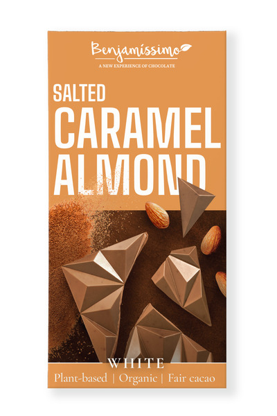 Benjamissimo Ciocolata alba cu migdale si caramel sarat, bio, 60g,