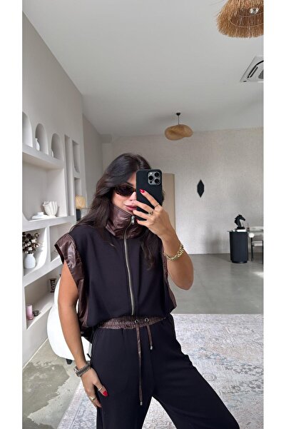 Buket Teke Modal Suit with Brown Parachute Fabric Detail