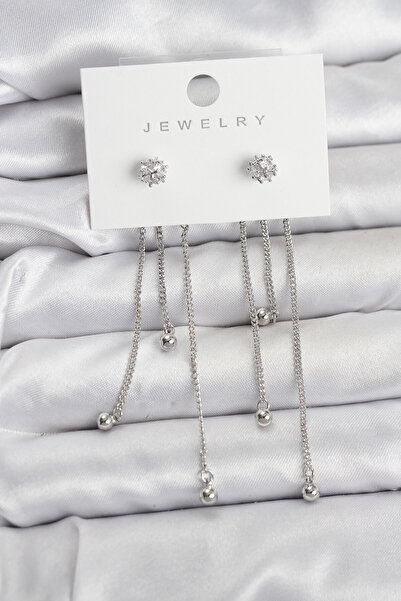 norsary Topçuk Model Silver Color Brass Dangle Women's Earring Set