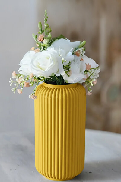 MEK Vază decorativă modernă din plastic cu linie verticală galbenă (20x11,5cm)
