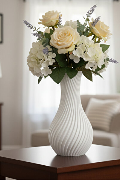 MEK مزهرية بلاستيكية حديثة مخططة حلزونية بيضاء (20×11 سم)