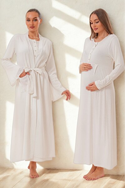 Lohusa Dünyasi Women's Linen Dressing Gown Full Length Flutter Sleeve Special Design Maternity Dressing Gown Nightgown Set