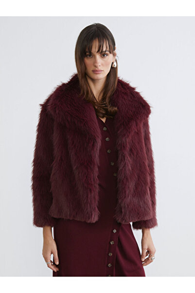 LC Waikiki Burgundy Jacket Collar Women's Fur Coat