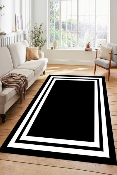Kessy Home Studio Siyah Beyaz Çizgili Modern Kaymaz Taban Salon Halısı Şık Mi...