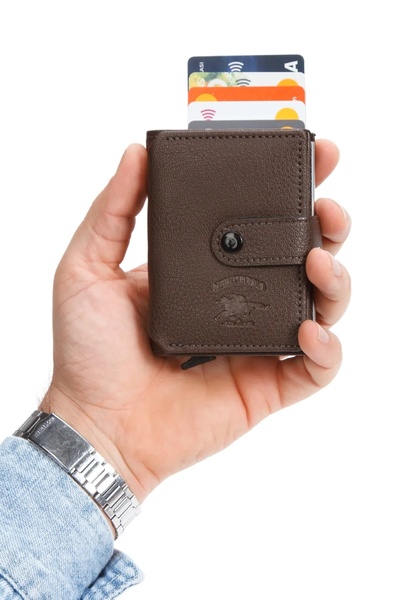 Newish Polo Rfid-Enabled Accordion Card Holder Wallet with Flap Mechanism, Faux Leather