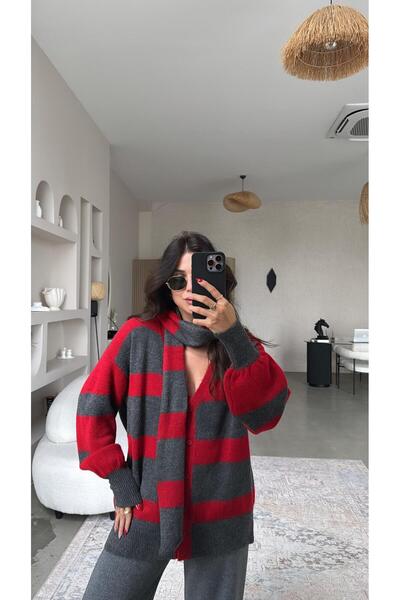 Buket Teke Red Anthracite Striped Self-Woven Soft Cardigan