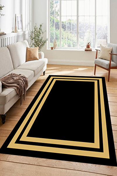 Kessy Home Studio Siyah Altın Çizgili Modern Kaymaz Taban Salon Halısı Şık Mi...