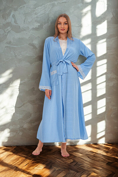 Lohusa Dünyasi Women's Linen Dressing Gown Full Length Flutter Sleeve Special Design Maternity Dressing Gown Nightgown Set