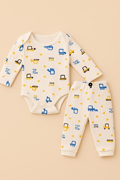 EFU BABY 2li Kepçe Desenli %100 Pamuklu Erkek Bebek Body Pantolon Takım