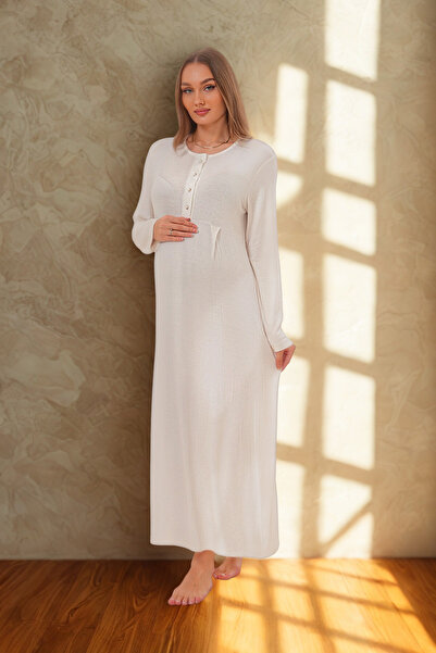 Lohusa Dünyasi Women's Linen Dressing Gown Full Length Flutter Sleeve Special Design Maternity Dressing Gown Nightgown Set