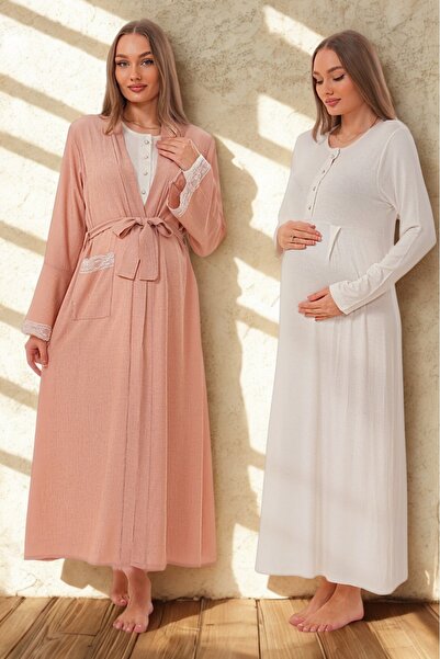 Lohusa Dünyasi Women's Linen Dressing Gown Full Length Flutter Sleeve Special Design Maternity Dressing Gown Nightgown Set