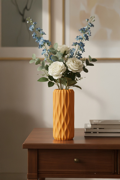 MEK مزهرية بلاستيكية مزخرفة أنيقة بنمط موجي هندسي برتقالي (22 × 9 سم)