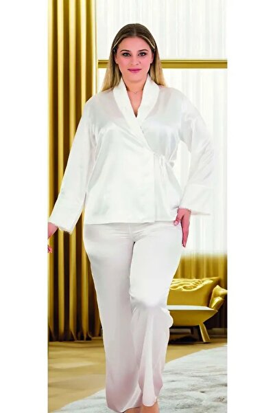 lidofya Tie-Up White Satin Plus Size Satin Pajama Set