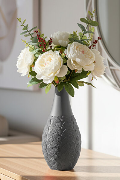 MEK مزهرية بلاستيكية مزخرفة بنقوش بارزة باللون الرمادي (21×10.5 سم)