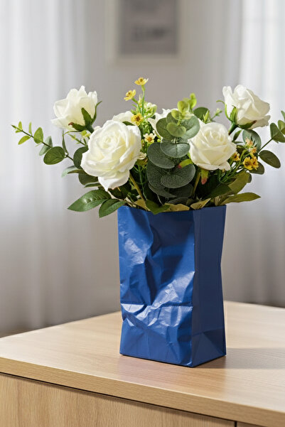 MEK Vază decorativă modernă cu design de hârtie încrețită albastru (20x15cm)