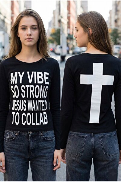 Köstebek Siyah My Vibe Cross Sırt Baskılı Uzun Kollu Bluz