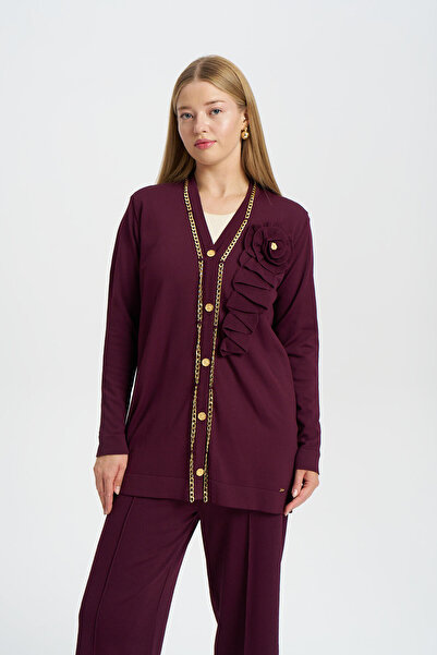 Niliwi 3089 Yaka Çevresi Zincirli Yakada Selanik Örgü Süslü Hırka