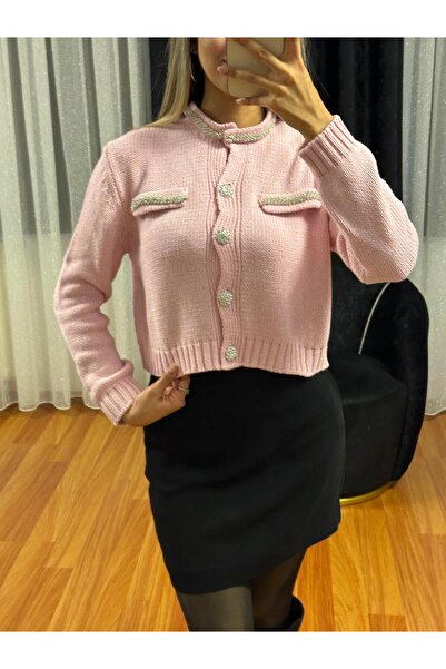 SHINE STYLE سترة وردية بأكمام طويلة وتفاصيل حجرية